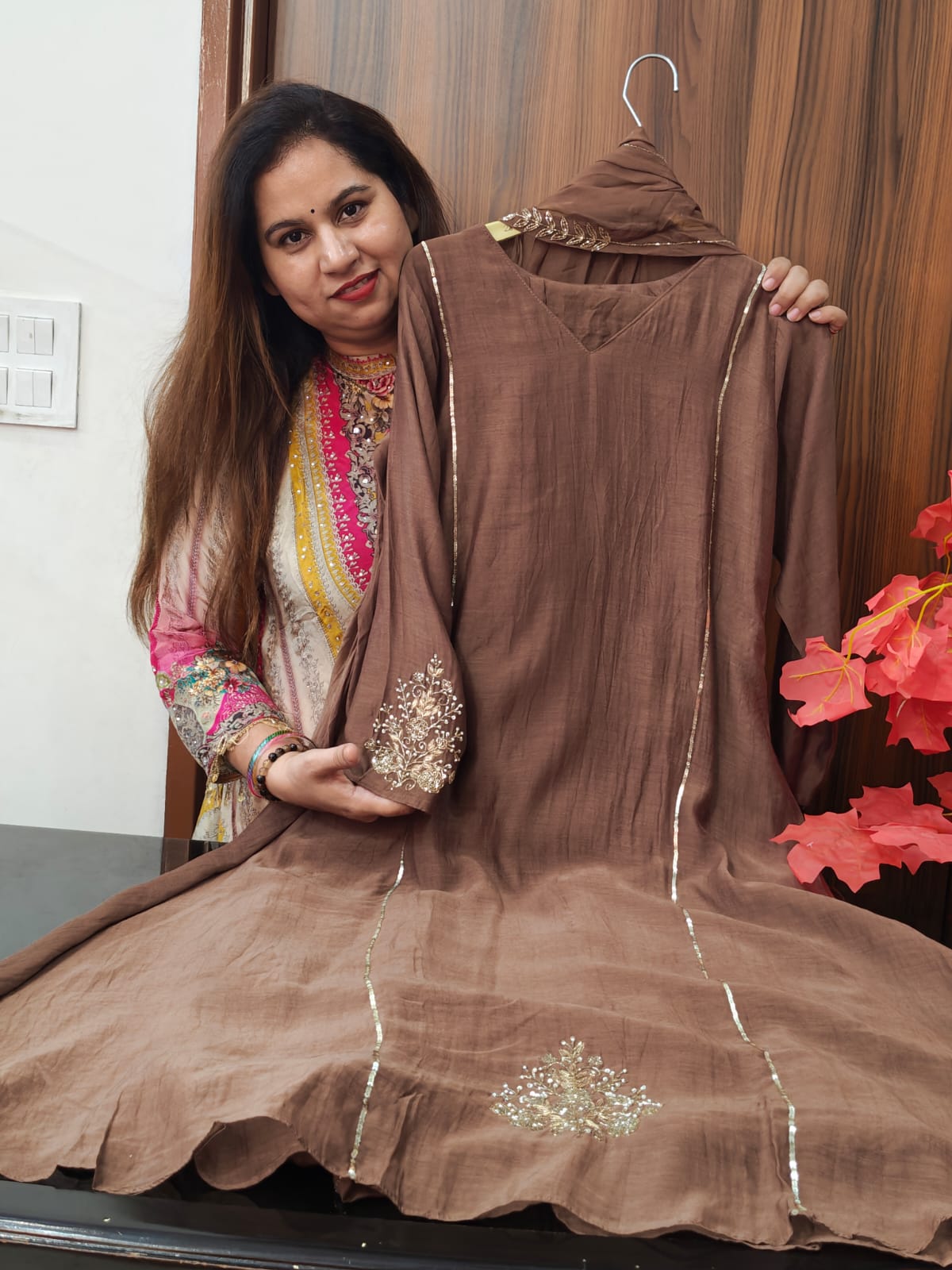 Inaaya chocolate brown mul chanderi suit set (INCP 112)