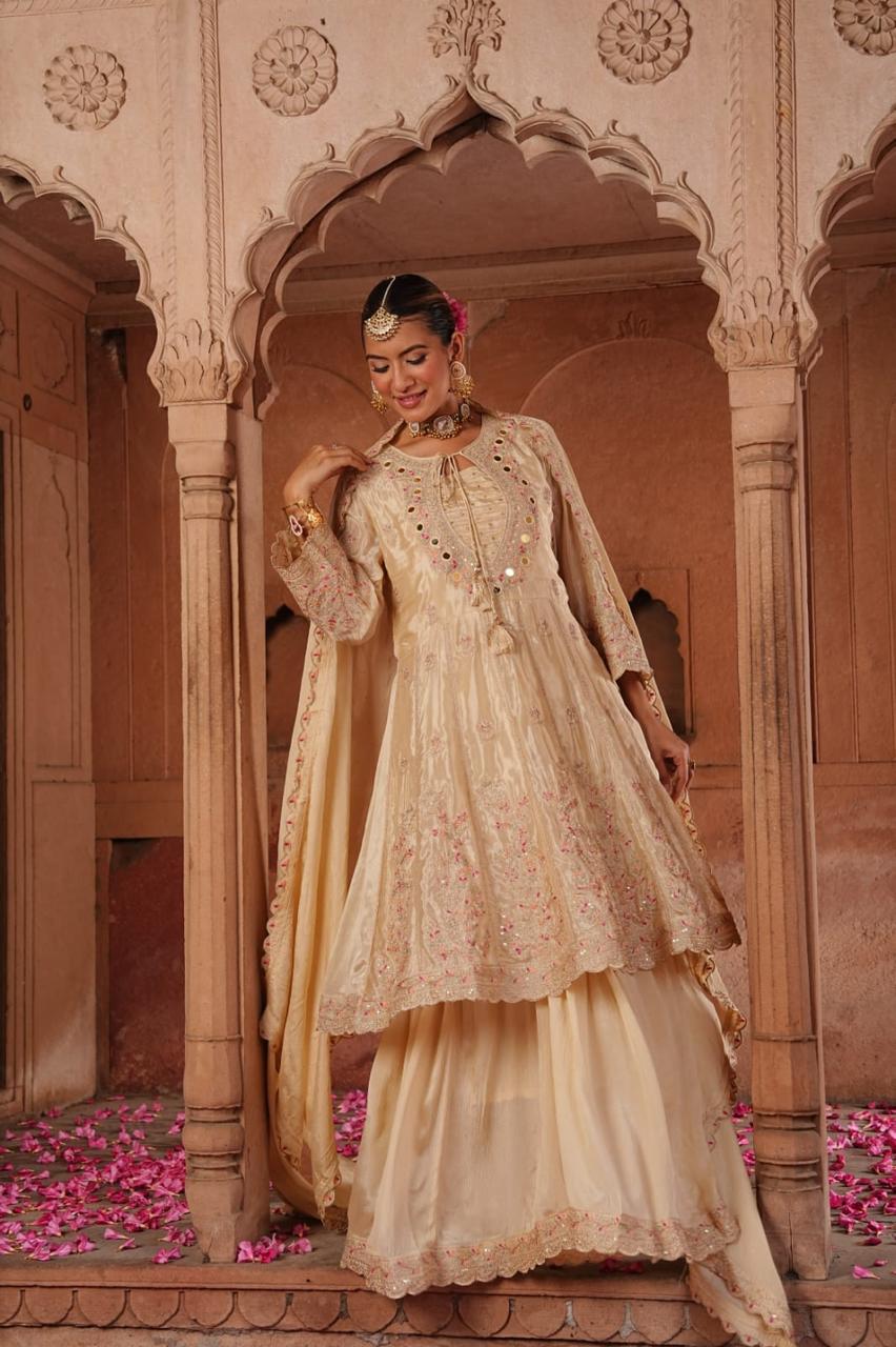 Inaaya champagne gold chinnon fastiv wear suit set (INCP 051)
