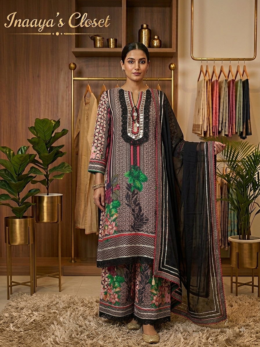 Floral Print Lawn Silk Kurta Set