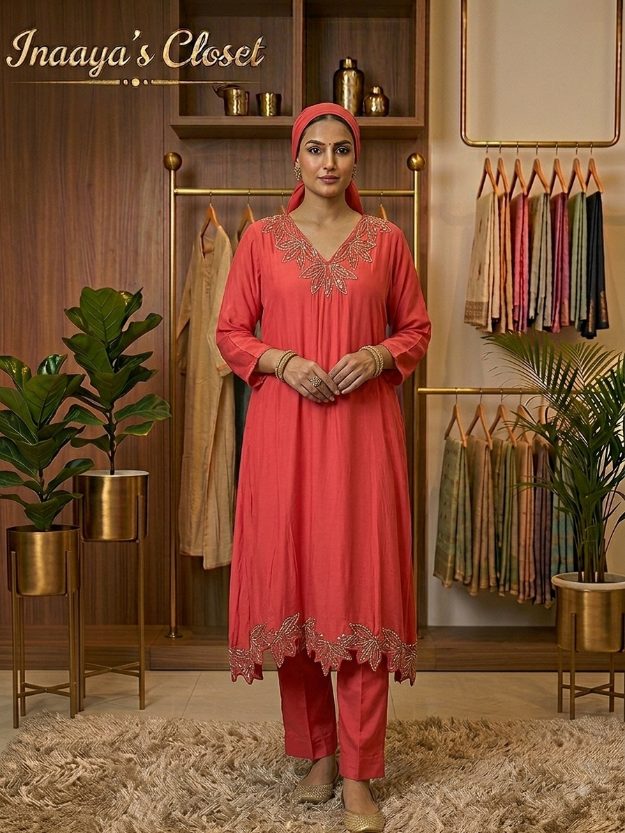 Coral Peach Silk Kurta Set