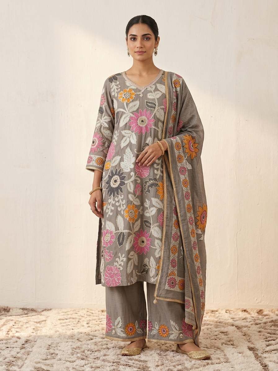 Hand-Embroidered Floral Silk Kurta Set