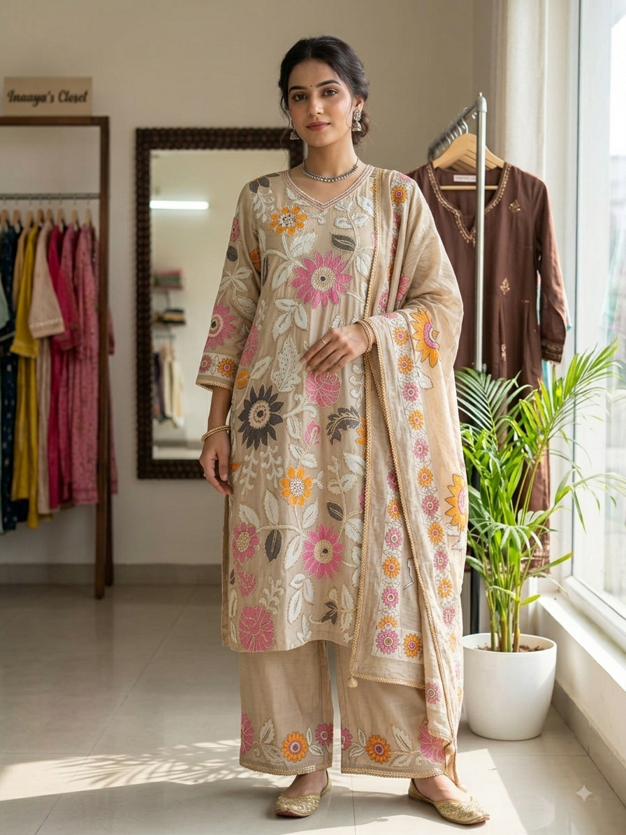 Hand-Embroidered Floral Silk Kurta Set