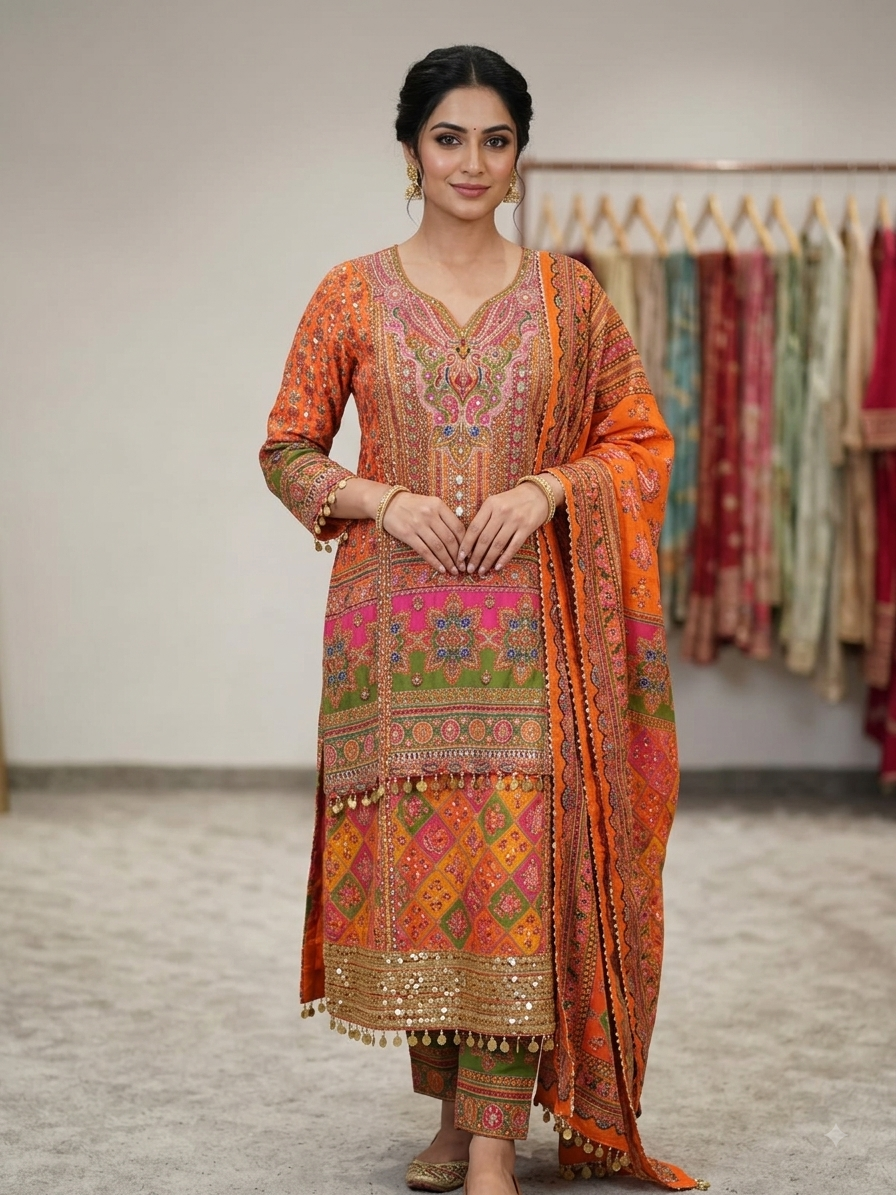 Silk Kurta Set with Kalamkari Paisley Print