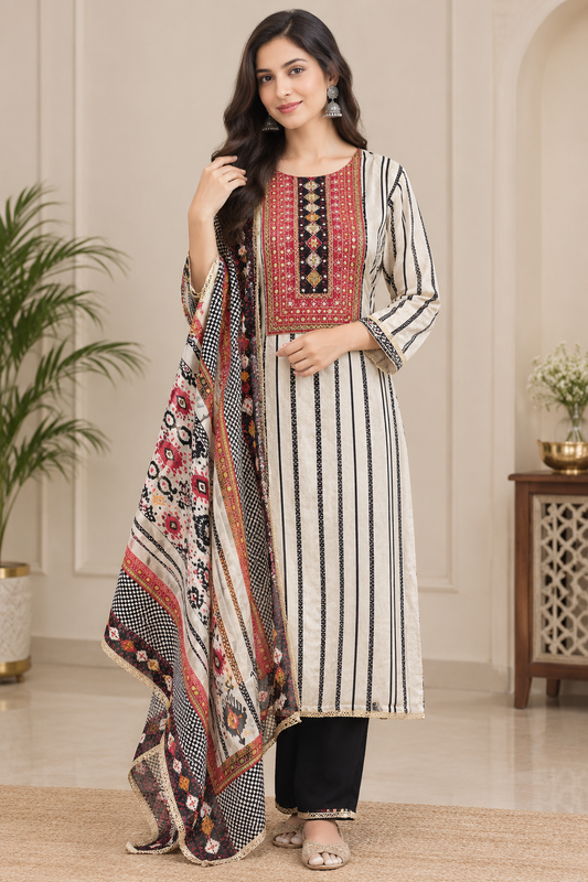 Inaaya striped crape straight suit set (INCP 064)
