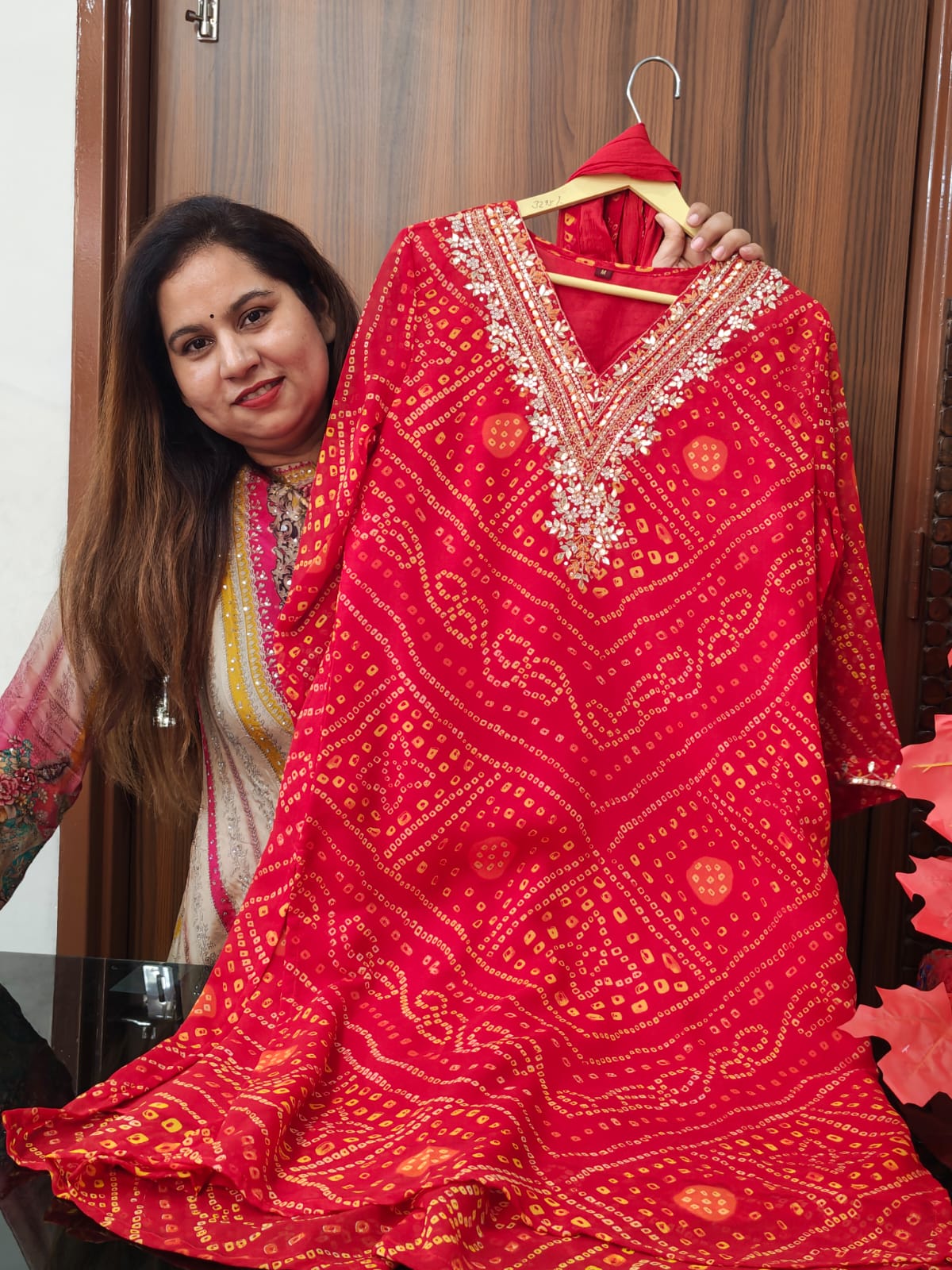 Inaaya red pure shiffon bandhani suit set (INCP 114)