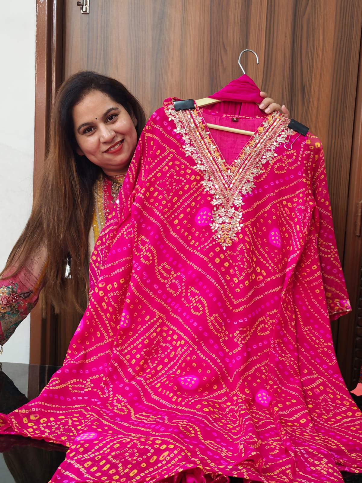 Inaaya pinkish red pure shiffon bandhani suit set (INCP 116)