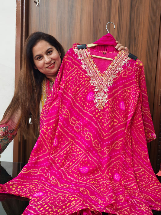 Inaaya pinkish red pure shiffon bandhani suit set (INCP 116)