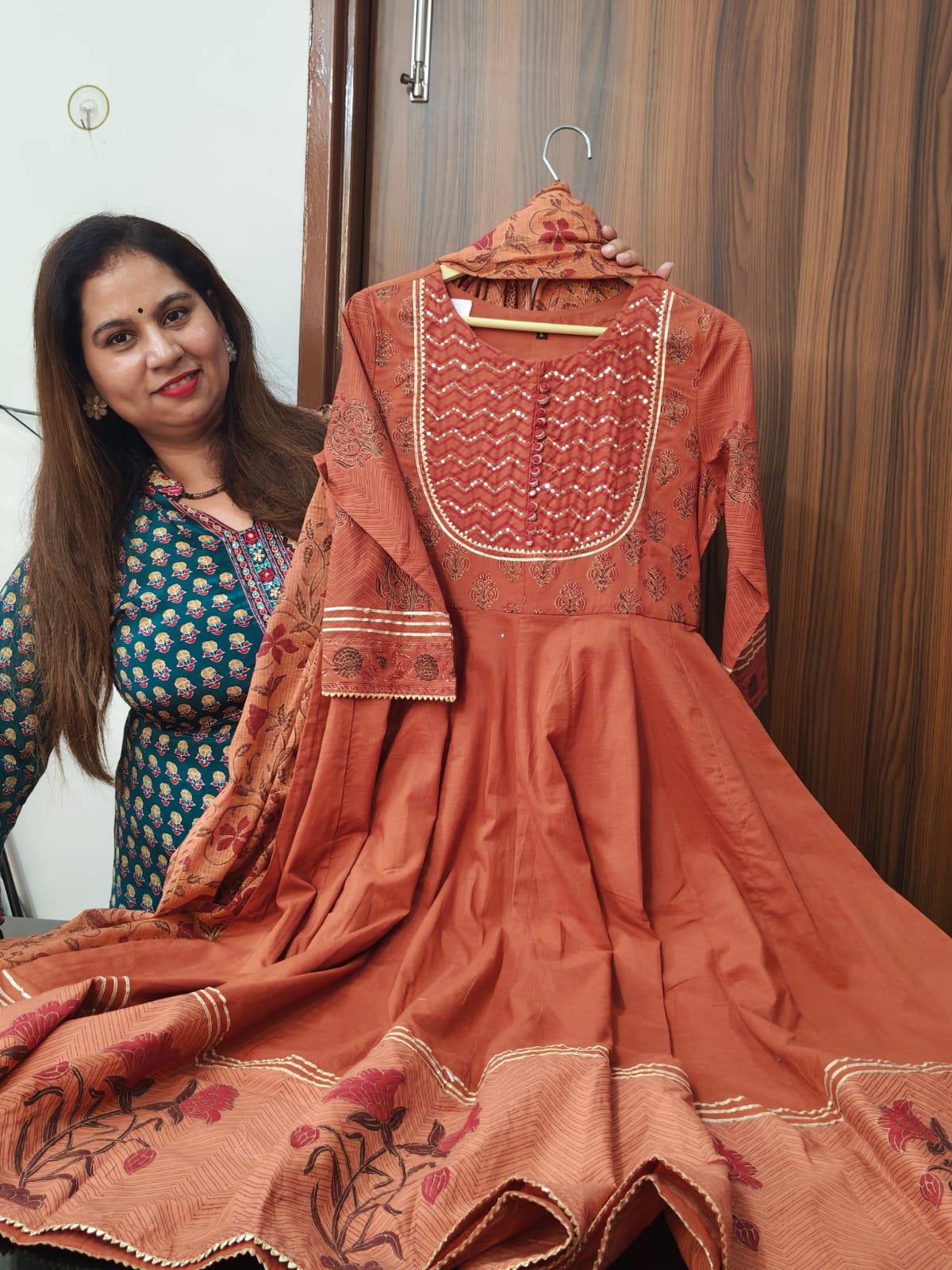 Inaaya terracotta cotton anarkali suit set (INCP 150)