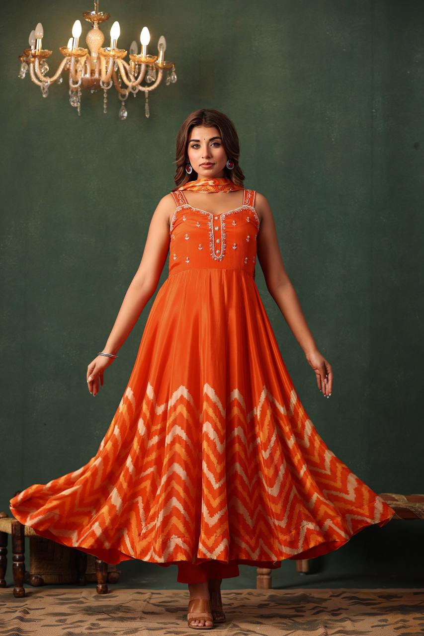 Inaaya orange printed anarkali suit set (INCP 172)