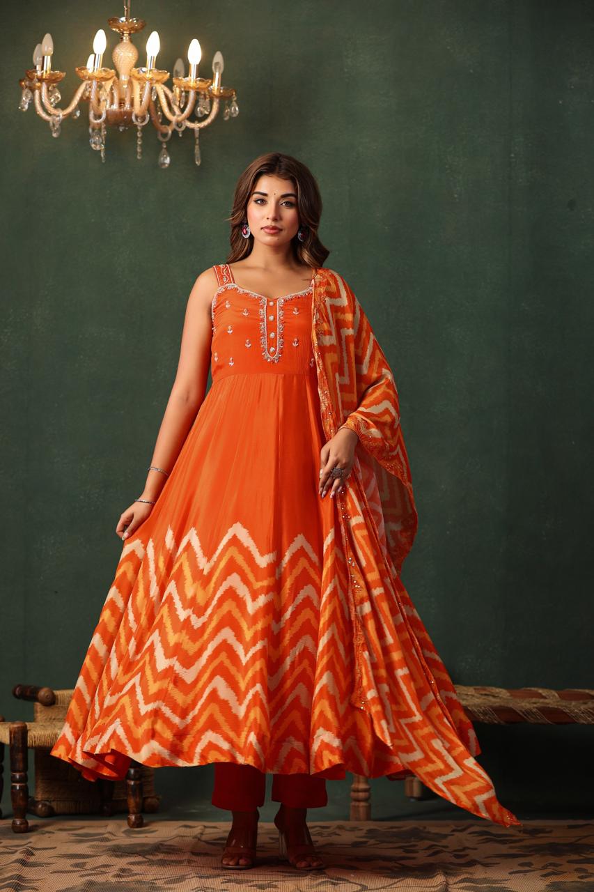 Inaaya orange printed anarkali suit set (INCP 172)