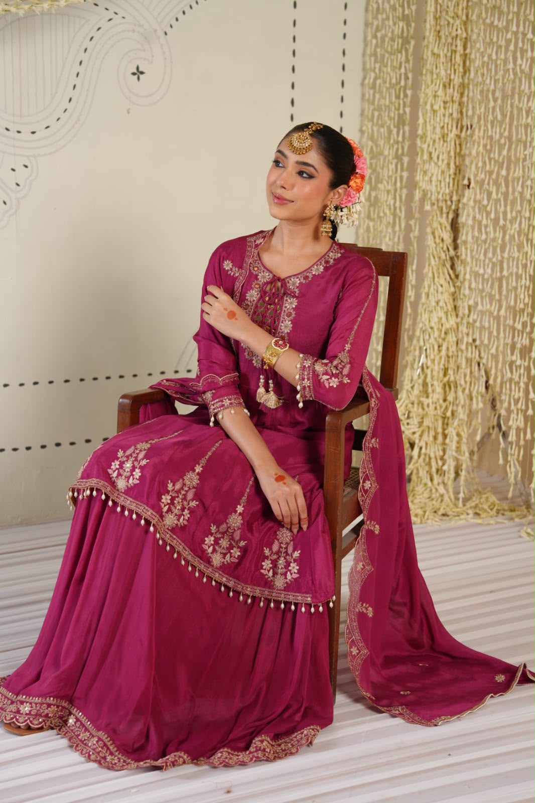 Inaaya Burgundy chinnon fastiv wear suit set (INCP 048)