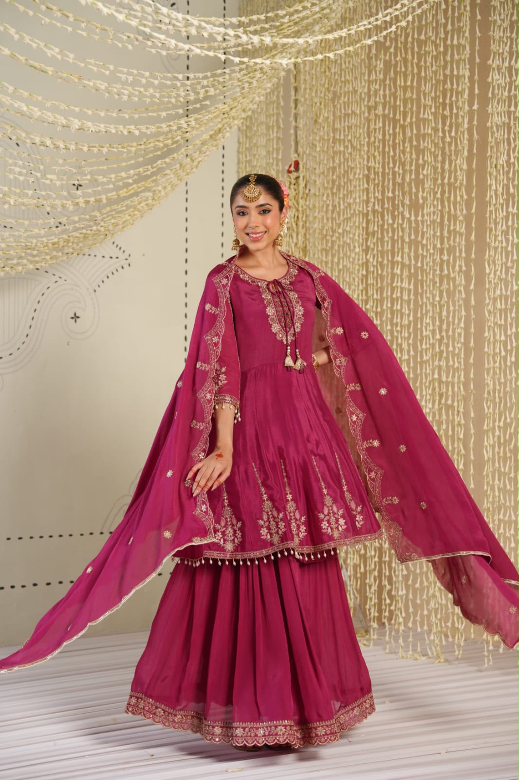 Inaaya Burgundy chinnon fastiv wear suit set (INCP 048)