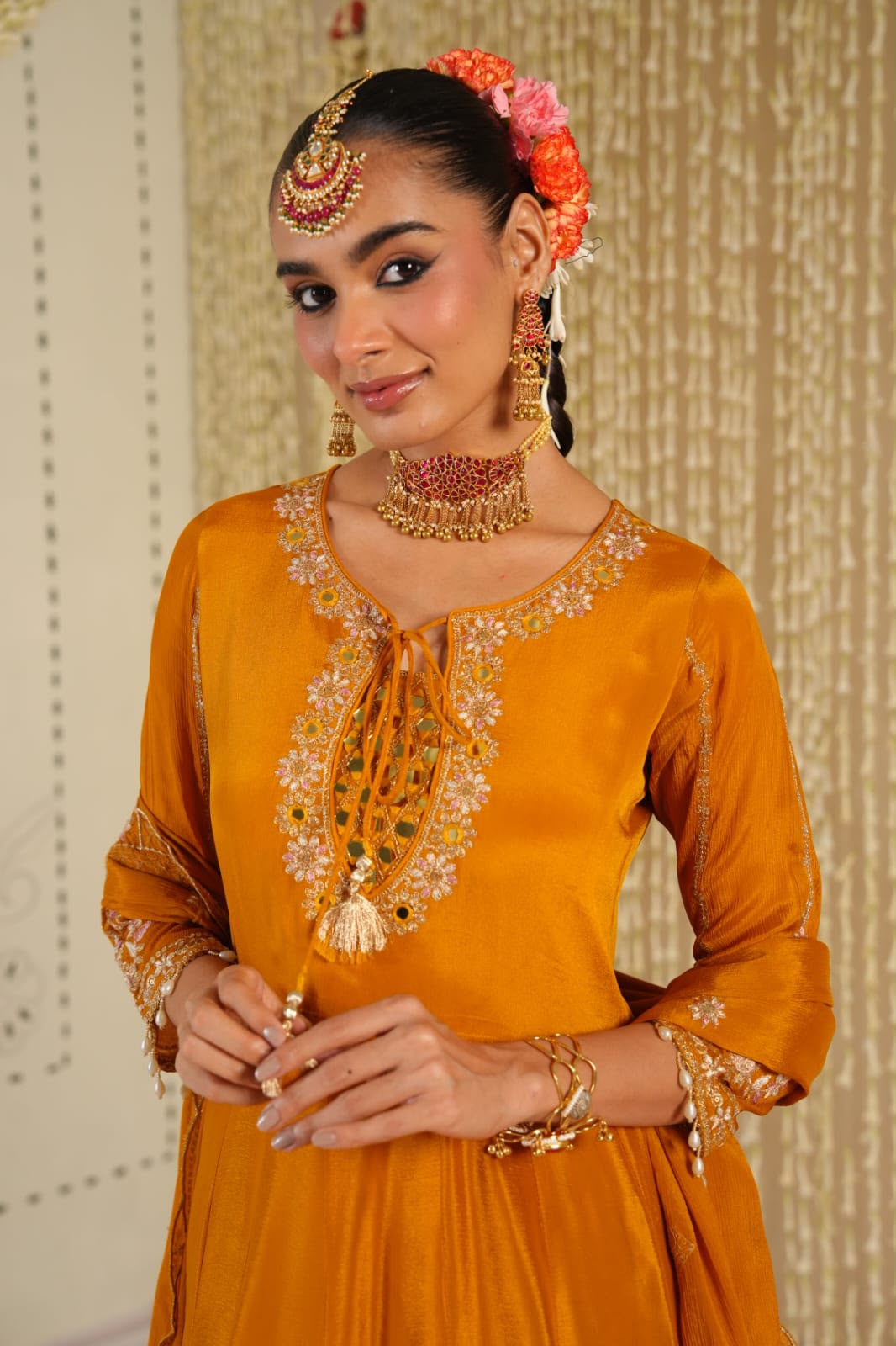 Inaaya orange chinnon fastiv wear suit set (INCP 049)