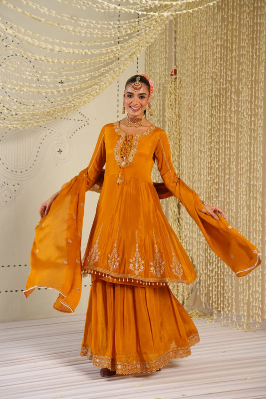 Inaaya orange chinnon fastiv wear suit set (INCP 049)