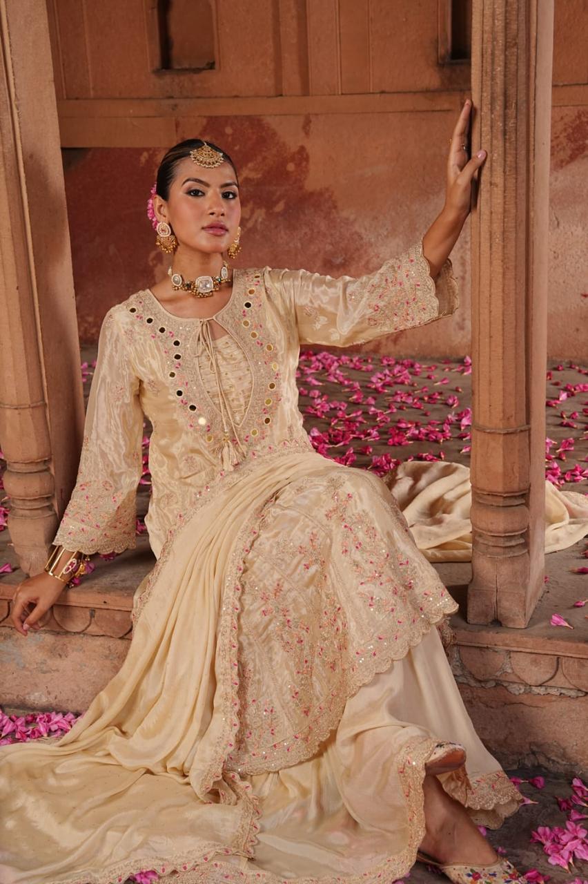 Inaaya champagne gold chinnon fastiv wear suit set (INCP 051)