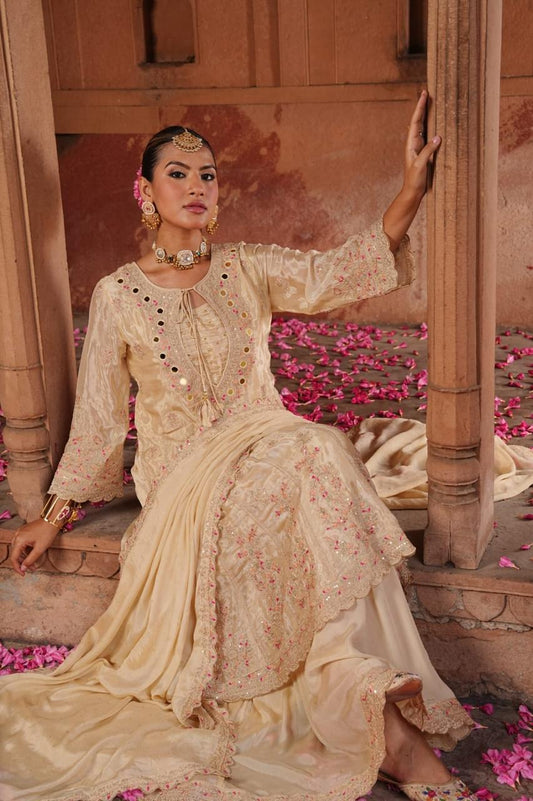 Inaaya champagne gold chinnon fastiv wear suit set (INCP 051)