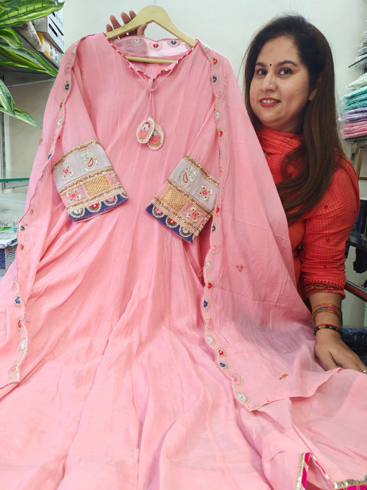 Inaaya pink mul chanderi anarkali suit set (INCP 093)