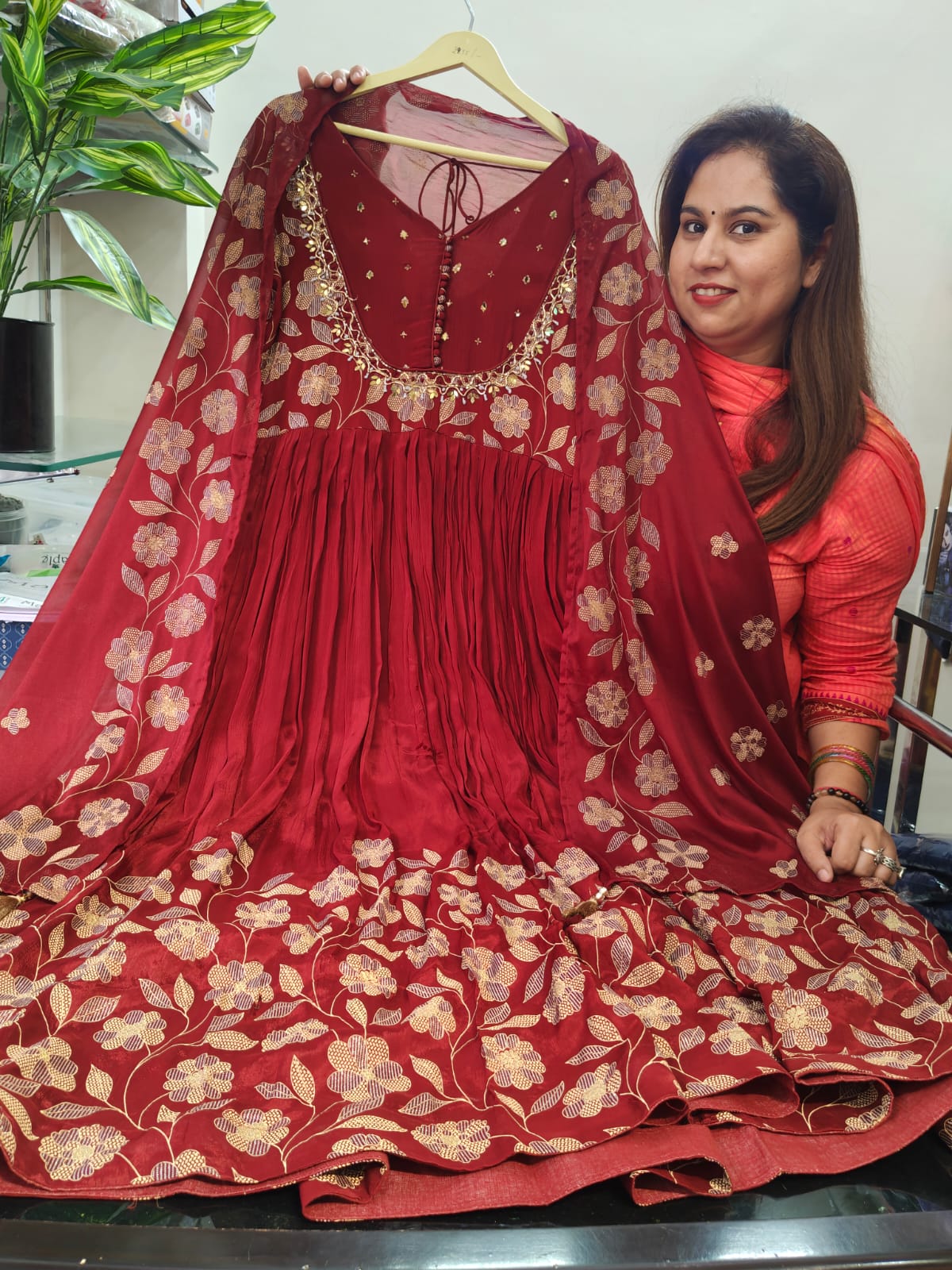 Inaaya crimson red chinnon anarkali suit set (INCP 095)