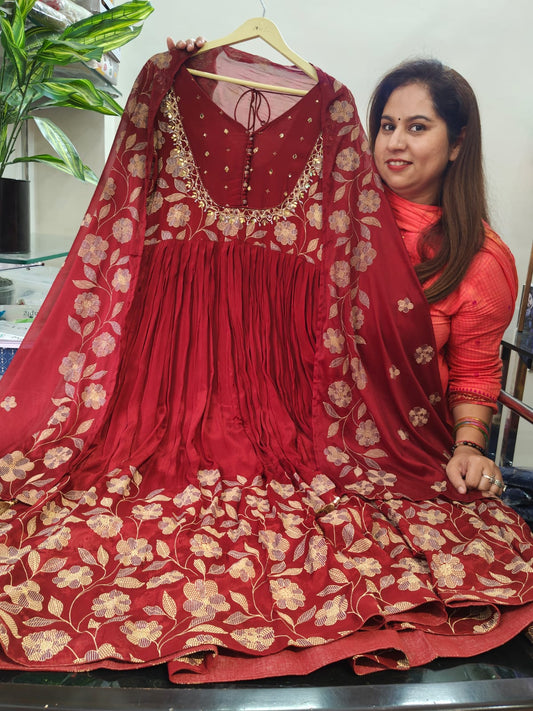 Inaaya crimson red chinnon anarkali suit set (INCP 095)
