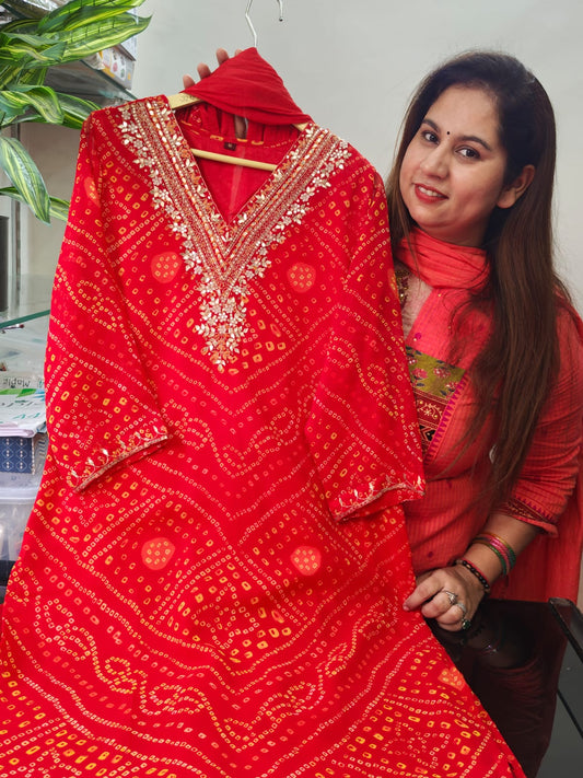 Inaaya coral red shiffon straight suit set (INCP 099)