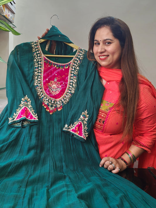 Inaaya teal blue pure mul chunderi suit set (INCP 106)
