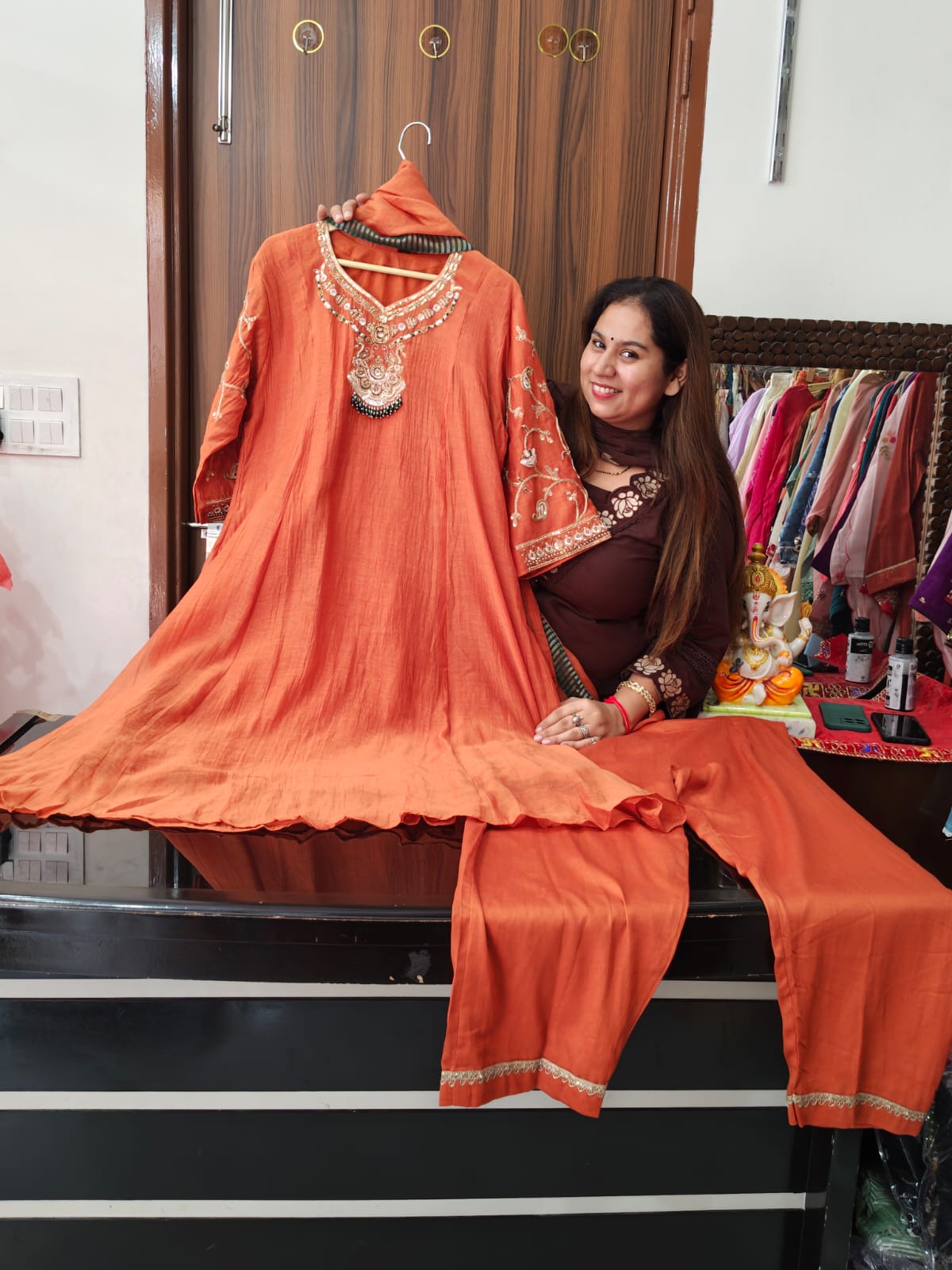 Inaaya coral peach mul chanderi suit set (INCP 021)