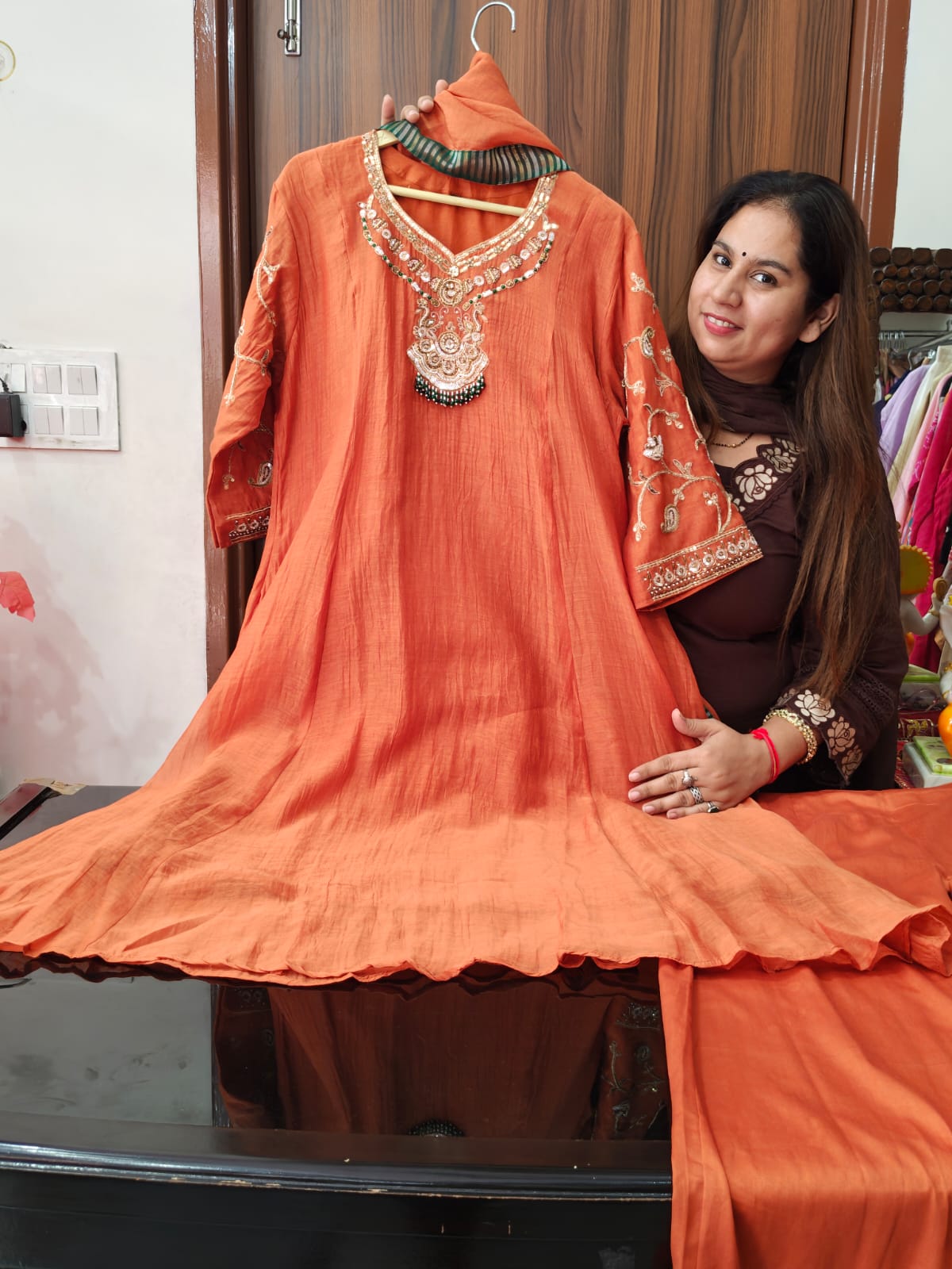 Inaaya coral peach mul chanderi suit set (INCP 021)