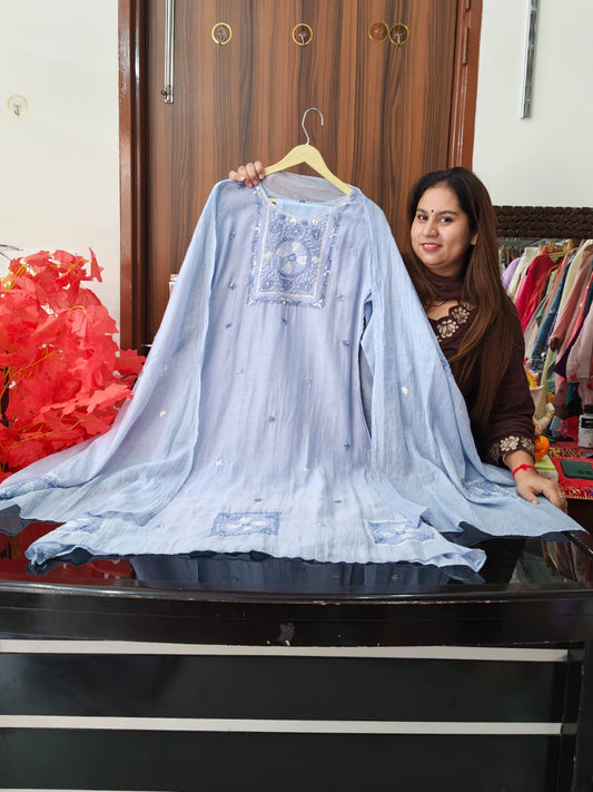 Inaaya pastel blue mul chanderi suit set (INCP 025)