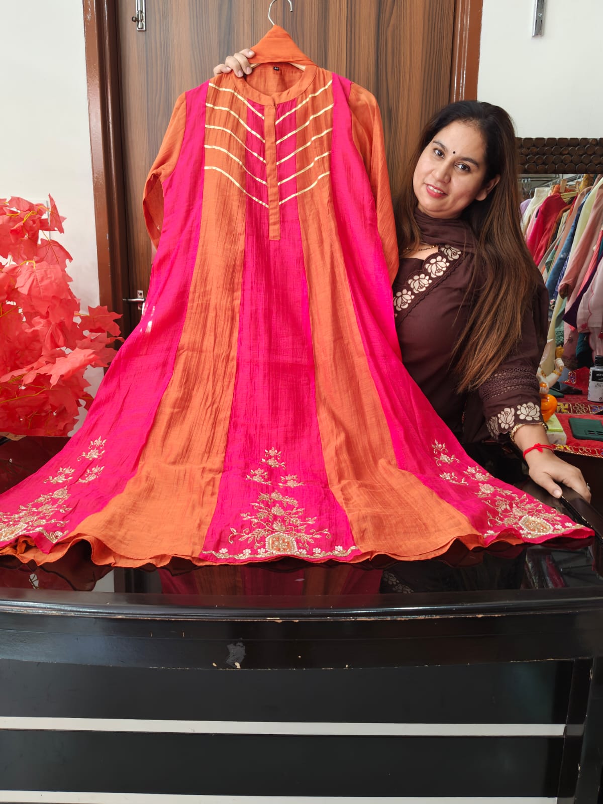 Inaaya bright pink & orange mul chanderi suit set (INCP 027)