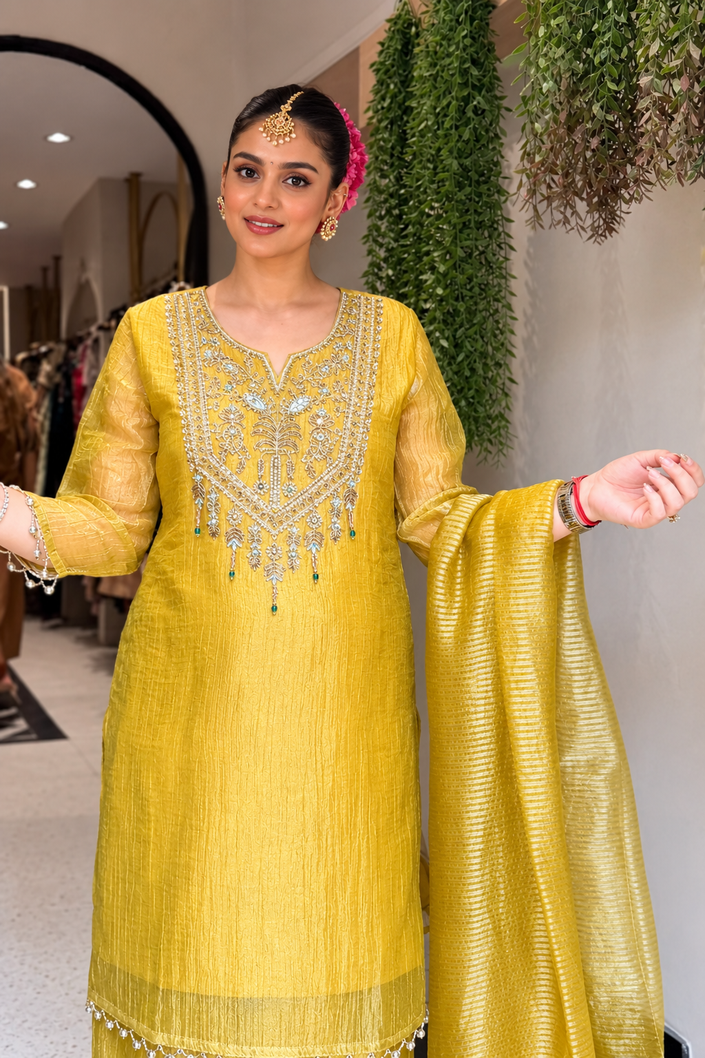 Inaaya yellow salsa fabric suit set (INCP 045)