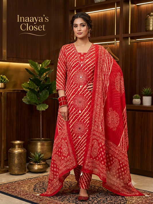 Red Leheriya Printed Suit