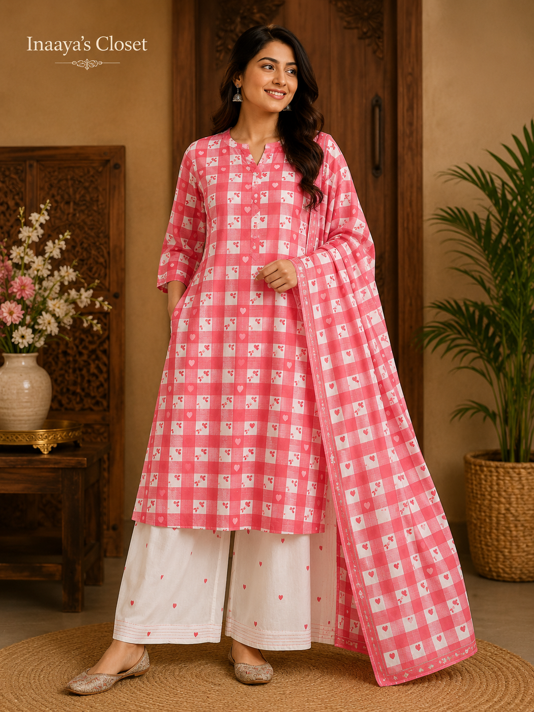 Pink Checked Palazzo Suit
