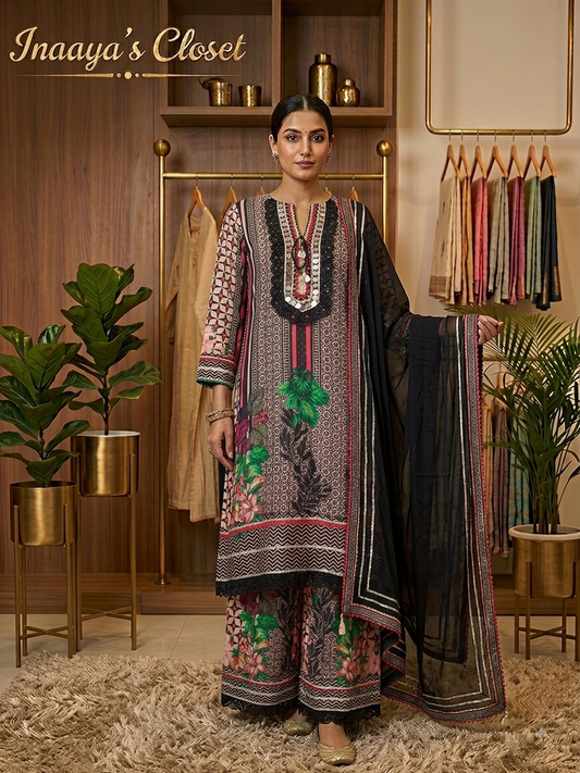 Floral Print Lawn Silk Kurta Set
