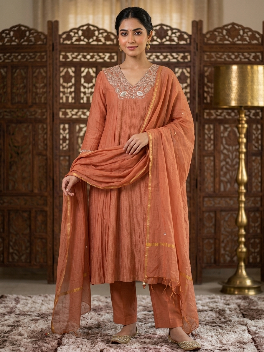 Crushed Silk Flared Kurta Set