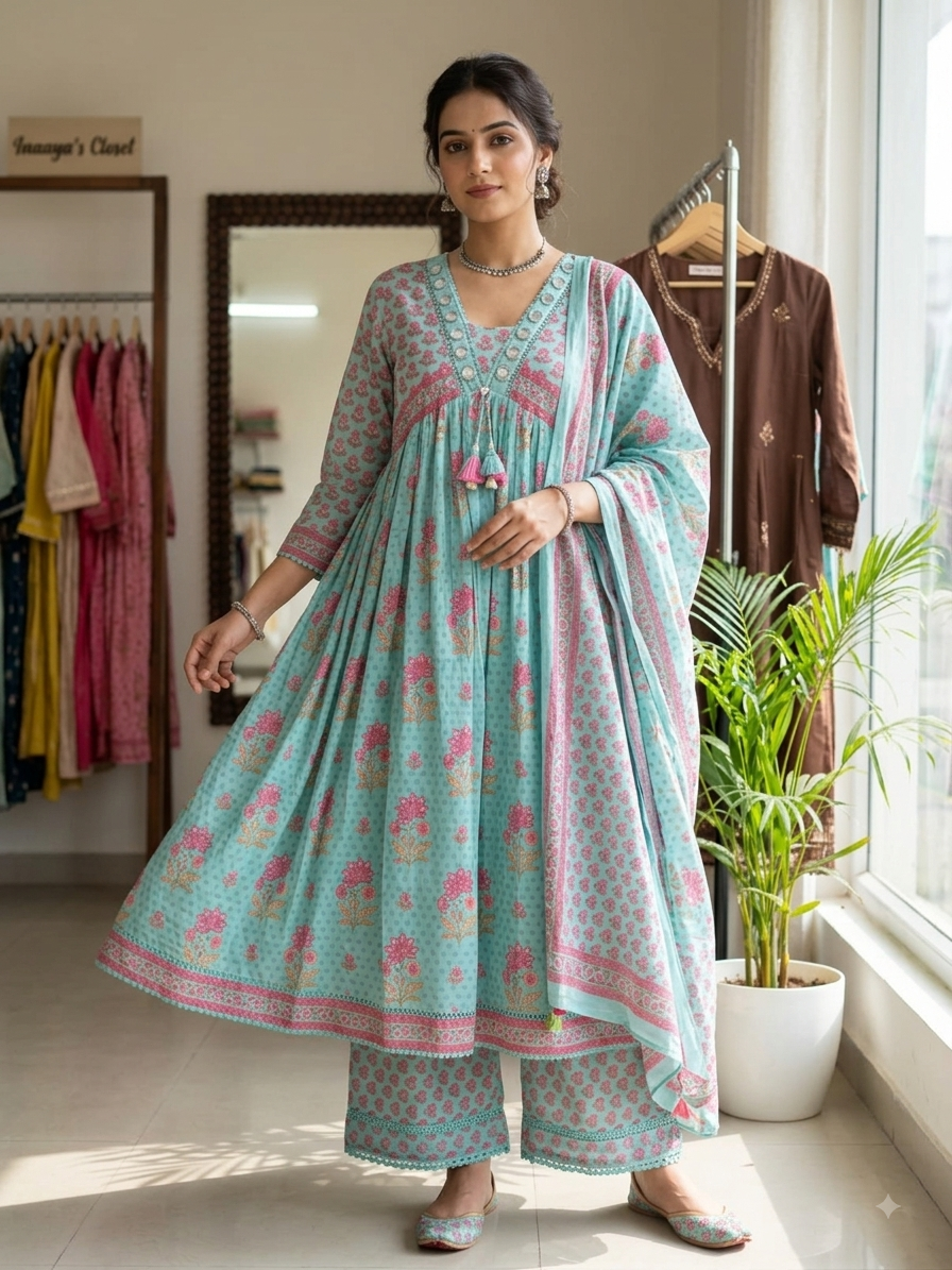 Floral Print Cotton Anarkali Set