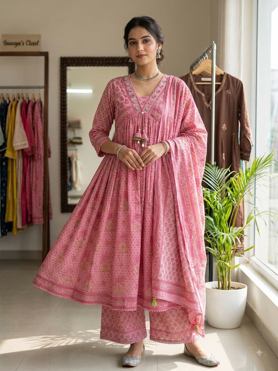 Floral Print Cotton Anarkali Set