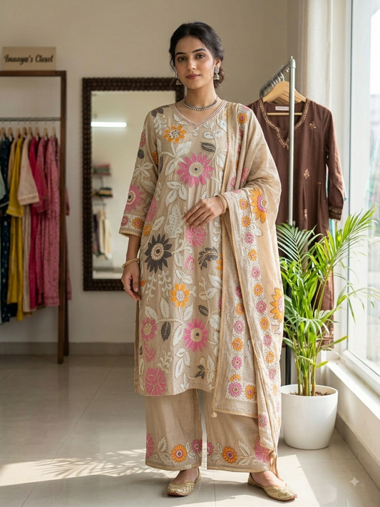 Inaaya Hand-Embroidered Floral Silk Kurta Set