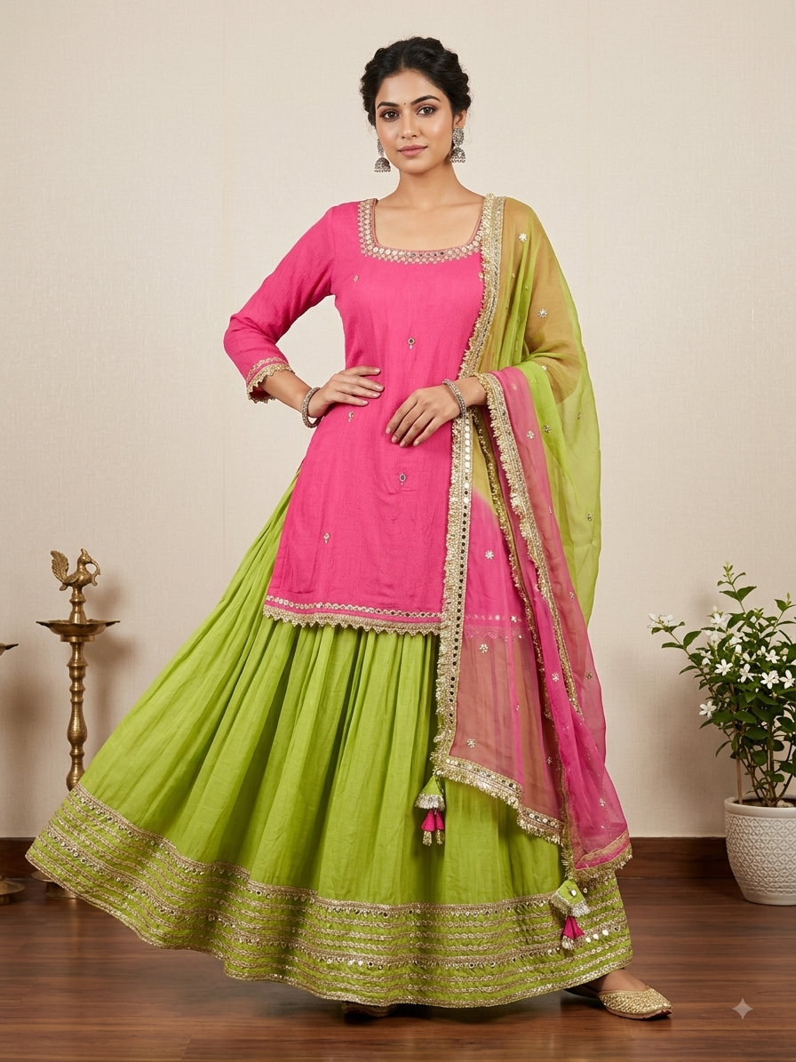 Mirror-Work Kurti Lehenga Set