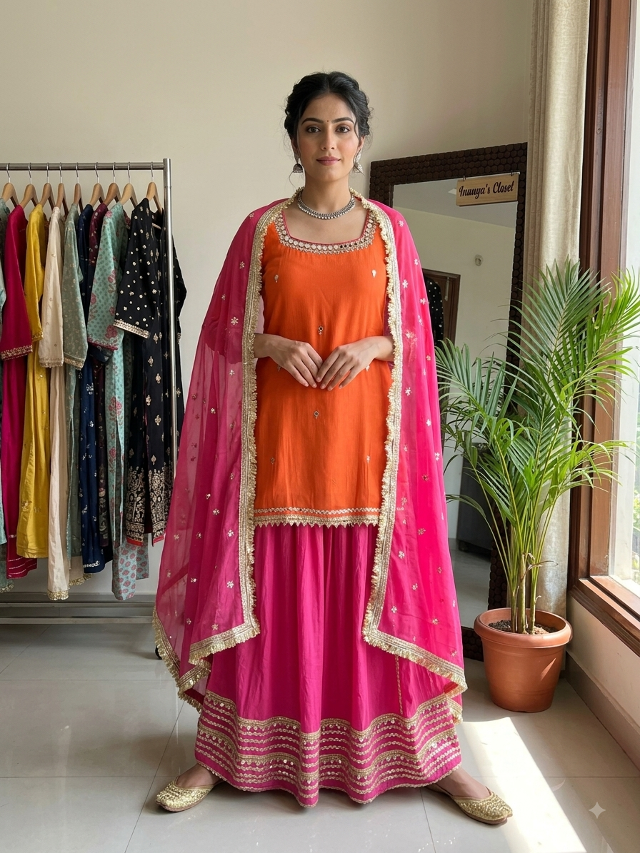 Mirror-Work Kurti Lehenga Set