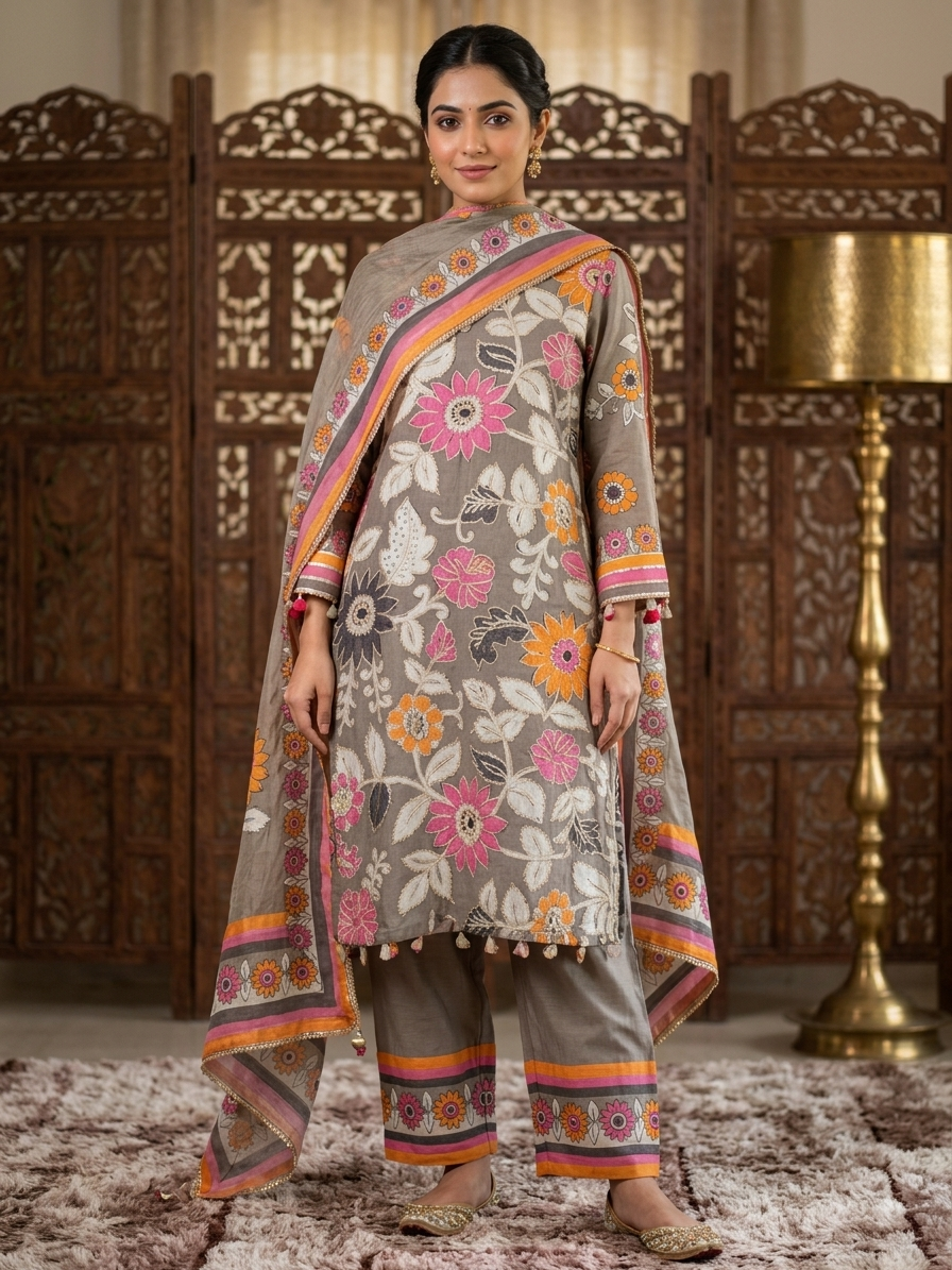 Hand-Embroidered Floral Silk Kurta Set